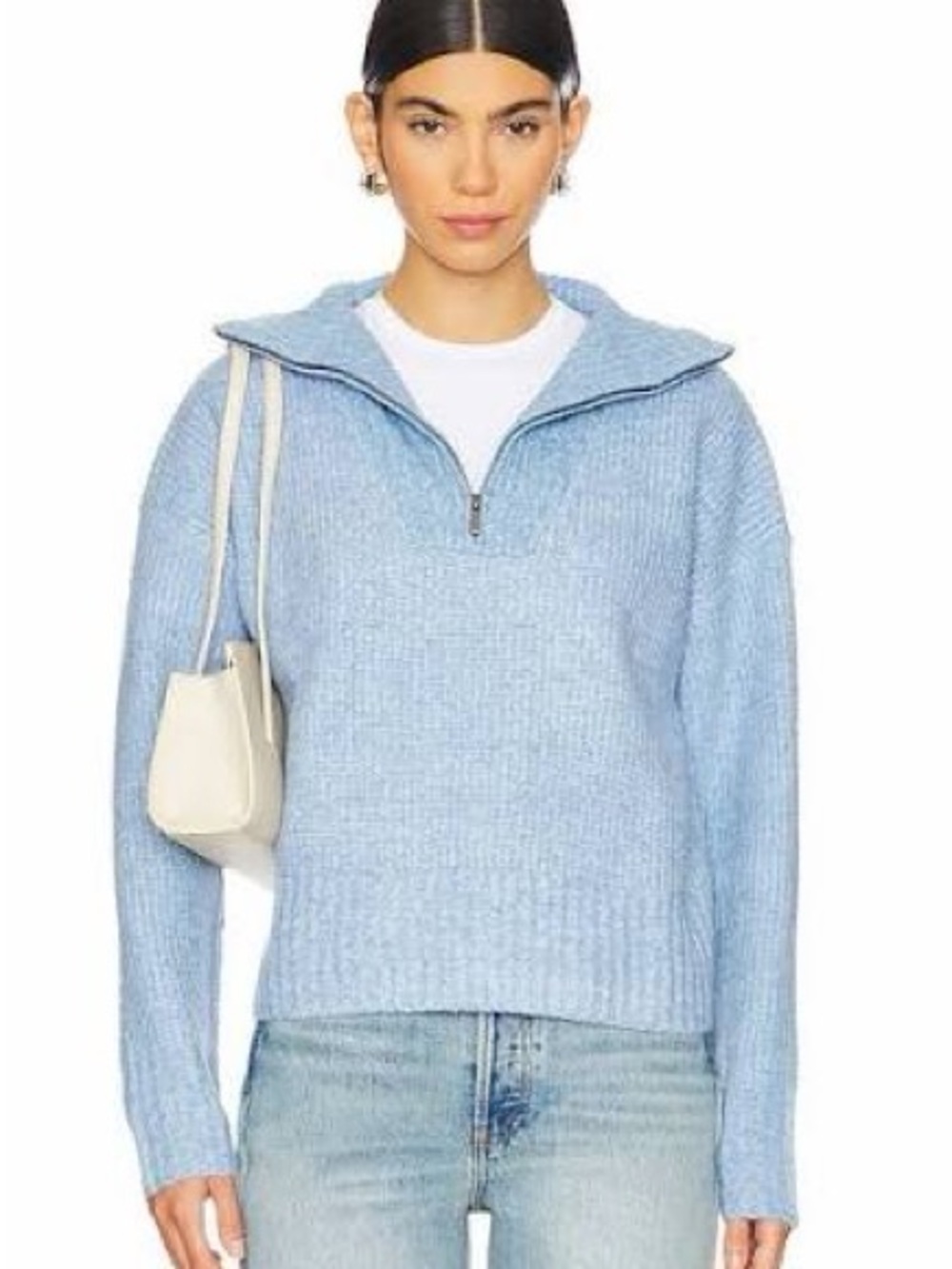 John + Jenn Dusty Blue Zip-Neck Ribbed Sweater